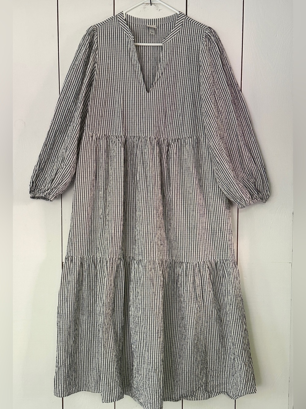 A New Day Striped Seersucker Maxi Dress Sz L Tiered Cottagecore